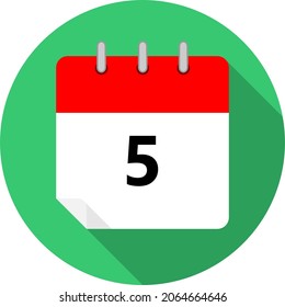 white and red calendar page with day 5 written in black and a green circle background whith shadows clipart vector editable changeable image