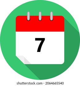 white and red calendar page with day 7 written in black and a green circle background whith shadows clipart vector editable changeable image