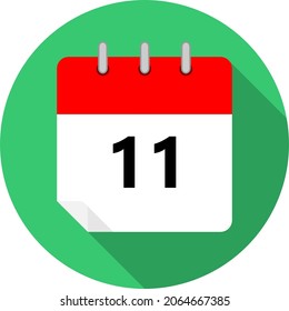 white and red calendar page with day 11 written in black and a green circle background whith shadows clipart vector editable changeable image