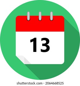 white and red calendar page with day 13 written in black and a green circle background whith shadows clipart vector editable changeable image