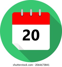 white and red calendar page with day 20 written in black and a green circle background whith shadows clipart vector editable changeable image