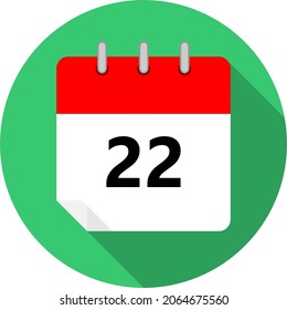white and red calendar page with day 22 written in black and a green circle background whith shadows clipart vector editable changeable image