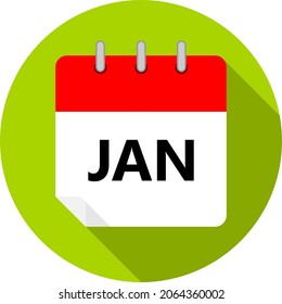 white and red calendar page with January month abbreviation JAN written in black and a green circle background whith shadows