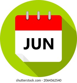 white and red calendar page with June month abbreviation JUN written in black and a green circle background whith shadows clipart vector editable changeable image