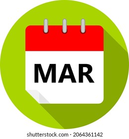 white and red calendar page with March month abbreviation MAR written in black and a green circle background whith shadows