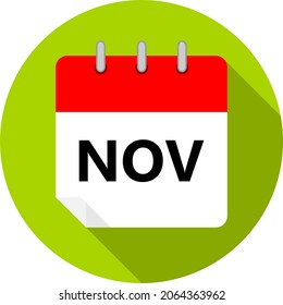 white and red calendar page with November month abbreviation NOV written in black and a green circle background whith shadows clipart vector editable changeable image