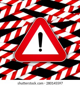 White and red caution striped tapes with red hazard warning attention sign on black background. Vector illustration.
