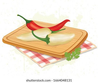 White and red chilli pepper vector illustration on wooden chopping board 