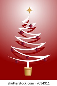 White and Red Christmas tree with red ball ornaments, red backdrop and a shiny gold star on top