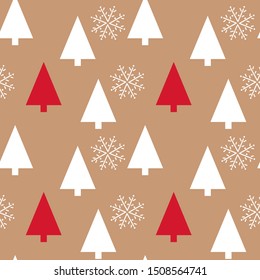 White and Red Christmas trees on kraft paper background . Hand drawing snowflakes, Vector seamless pattern