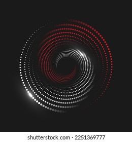 A white and red circle of dotted halftones with highlights on the black background. Abstract design element. The effect of a rotating, disappearing gradient. Vector illustration.