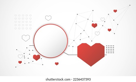 white red circle technology heart background abstract. technology with line digital, dna, red heart, dot, hi-tech, grey, science, vector. circle technological for valentine day, background, wallpaper.