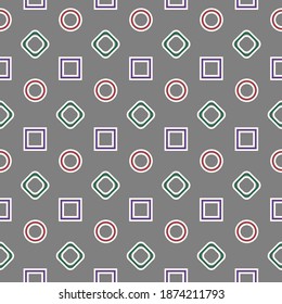 White and red circles, green rounded squares and violet squares on grey background. Seamless geometric pattern