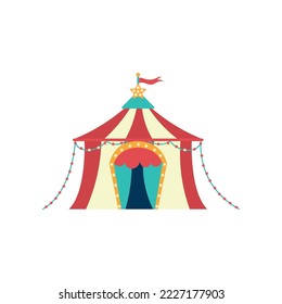 Ilustración vectorial de carpa de circo blanco y rojo. Cúpula de circo para parque de atracciones, feria o evento aislado de fondo blanco. Circo, festival, concepto de entretenimiento