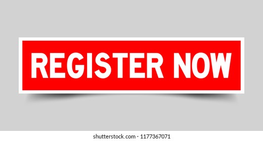 White and red color register now word sticker on gray background