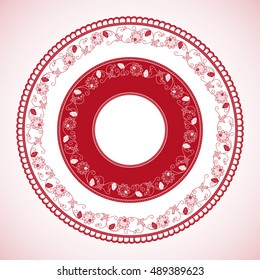 White red color wheel pattern vector. Panama traditional circle with decorative flower pollera skirt ornament. Floral colorful mandala illustration.