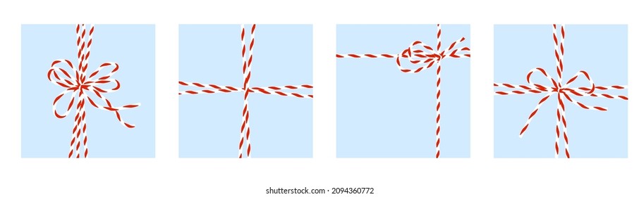 White red cord with bow. Yarn for wrapping Christmas gifts. Illustration vector isolated.
