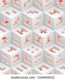 White red cubes isometric seamless pattern. Vector tileable background. Blockchain technology concept.