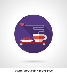 White and red cup of tea steamed with heart and cakes. Valentines Day greeting. Romantic date in a cafe.  Vector icon purple round flat. Element for web design, business, mobile app.