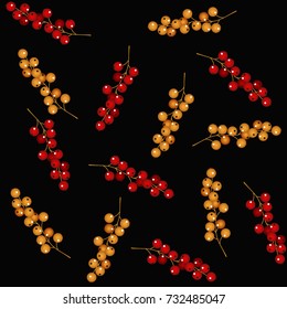 White and red currants on a black background. Seamless pattern. Vector illustration