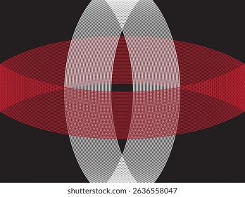 White and red curved lines form a symmetrical pattern resembling an eye or abstract flower on a black background, creating a dynamic and bold impression