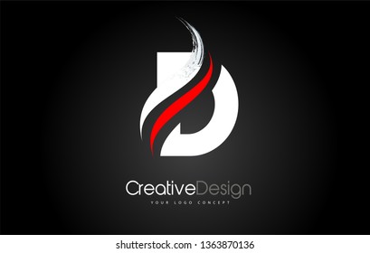 White and Red D Letter Design Brush Paint Stroke. Letter Logo on Black Bakground