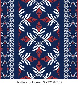 White and red damask seamless pattern on dark blue background. Vector illustration. Design for elabotaed borders, sarees, and clothing.