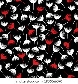 White and red dandelion fluff on a black background. Vector seamless pattern.