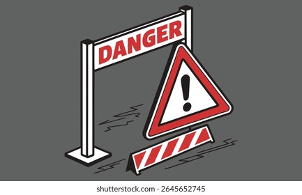 White and red danger with a triangle warning sign on a street road with no background in vector format.