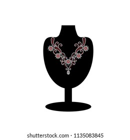 White and red diamond necklace with black manequin isolated on white background