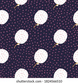 White red dotted balloons ornament seamless doodle pattern. Navy blue dark background with dots. Great for wallpaper, textile, wrapping paper, fabric print. Vector illustration.