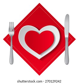 White and red empty plates in heart shape with fork and knife on a white background. Vector illustration.