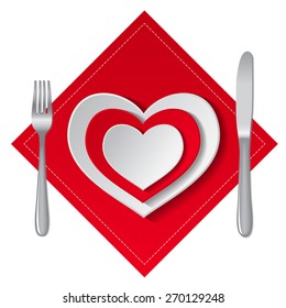 White and red empty plates in heart shape with fork and knife on a white background. Vector illustration.