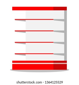 White and red empty supermarket retail store shelves icon isolated on white background. Element of shop interior design. Flat cartoon style vector illustration.