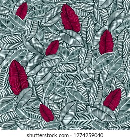 White and red floral leaves pattern. Print for clothes. Summer, print. Vector illustration