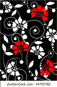 White and red flowers on a black background