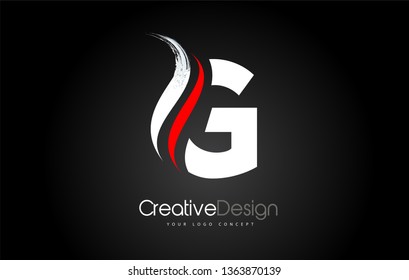 White and Red G Letter Design Brush Paint Stroke. Letter Logo on Black Background