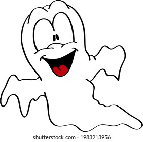 white and red ghost flying, ghost cartoon with big smile