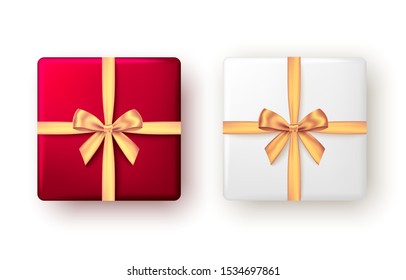 White and red gift box with golden ribbon and bow, top view. Christmas, New Year party, Happy birthday or Valentine day package design. Present isolated on white background. Vector.