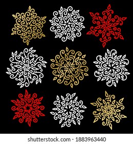 Copos de nieve blancos, rojos y dorados sobre fondo negro. Ilustración vectorial.