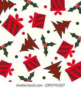 White, red, green Christmas background, cute Christmas tree gifts, beautiful colors, Christmas patterns. gift wrapping paper