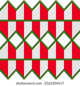 White, red, green Vector geometric seamless pattern of zigzags and robes for gift wrapping, gift bag design. Vector illustration