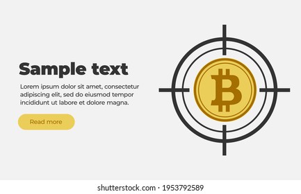 Plantilla de banner web de color blanco rojo gris naranja con texto, leer más botón y moneda de moneda plana criptografía virtual bitcoin a la vista de las armas. La caza del bitcoin