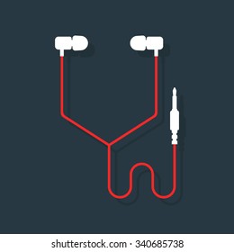 White And Red Headphones. Concept Of Meloman Items, Earbud, Ear Plugs, Multimedia, Hipster Lifestyle, Tune, Surround Record, Music Fan Or Lover. Flat Style Trend Modern Logo Design Vector Illustration