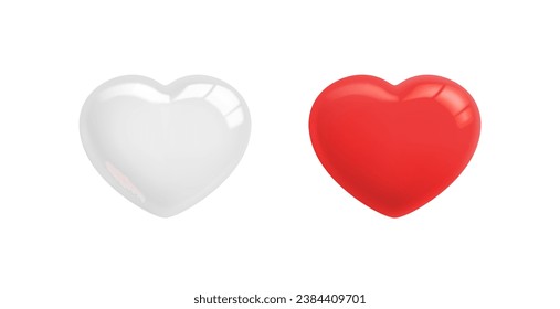 White and Red Hearts. Couple of hearts - Love concept. Realistic glossy 3d hearts. Hearts objects for Valentines Day, March 8, Mothers Day. Icons set. 3D vector illustration