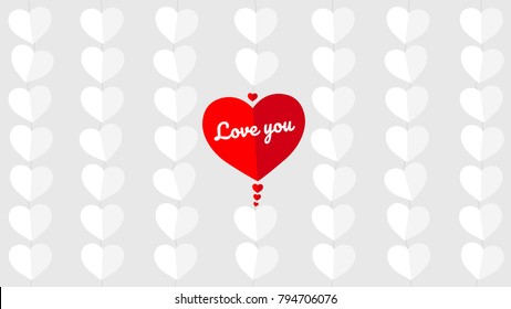 White and Red Hearts Hanging From Strings. on Gray Background