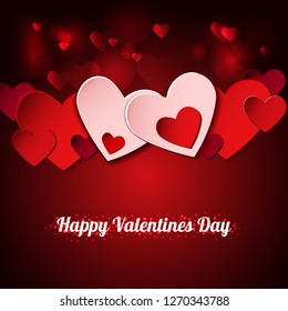 White and red hearts on a red background. 3d effect. Background for design on Valentine's Day. Paper cut. Blur effect