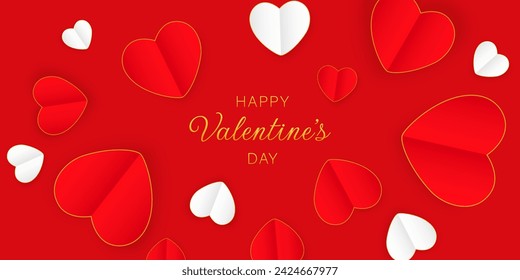 White and red hearts on a red background for Valentine's Day. Greeting banner in digital craft style.