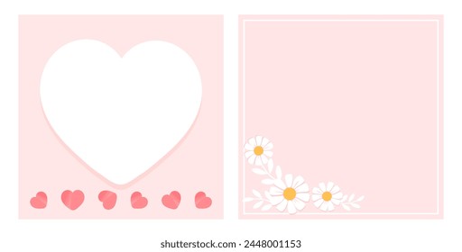 White and red hearts on pink background. Daisy flower with leaves on pink background vector.