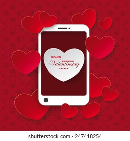 White and red hearts with smartphone and ornaments on the red background. German text "frohen valentinstag" translate "happy valentines day". Eps 10 vector file.